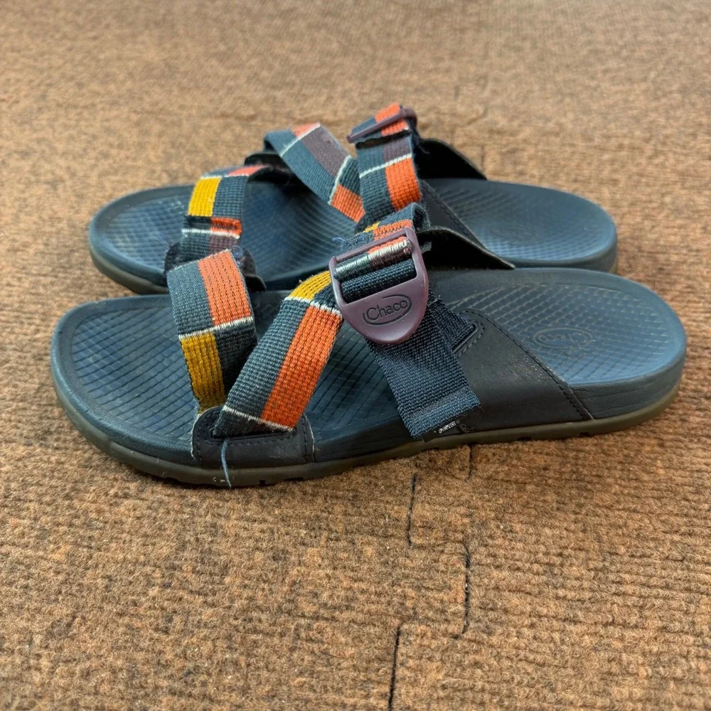Chaco Chillos Slide Sandals Womens 7 B- Blue Multi Color Striped Straps J106604